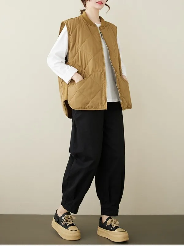 冬用多用途レトロカジュアルコットンベスト レディース 暖かいダイヤモンド柄キルティングジャケットコート ジッパー付きラウンドネックピュア...