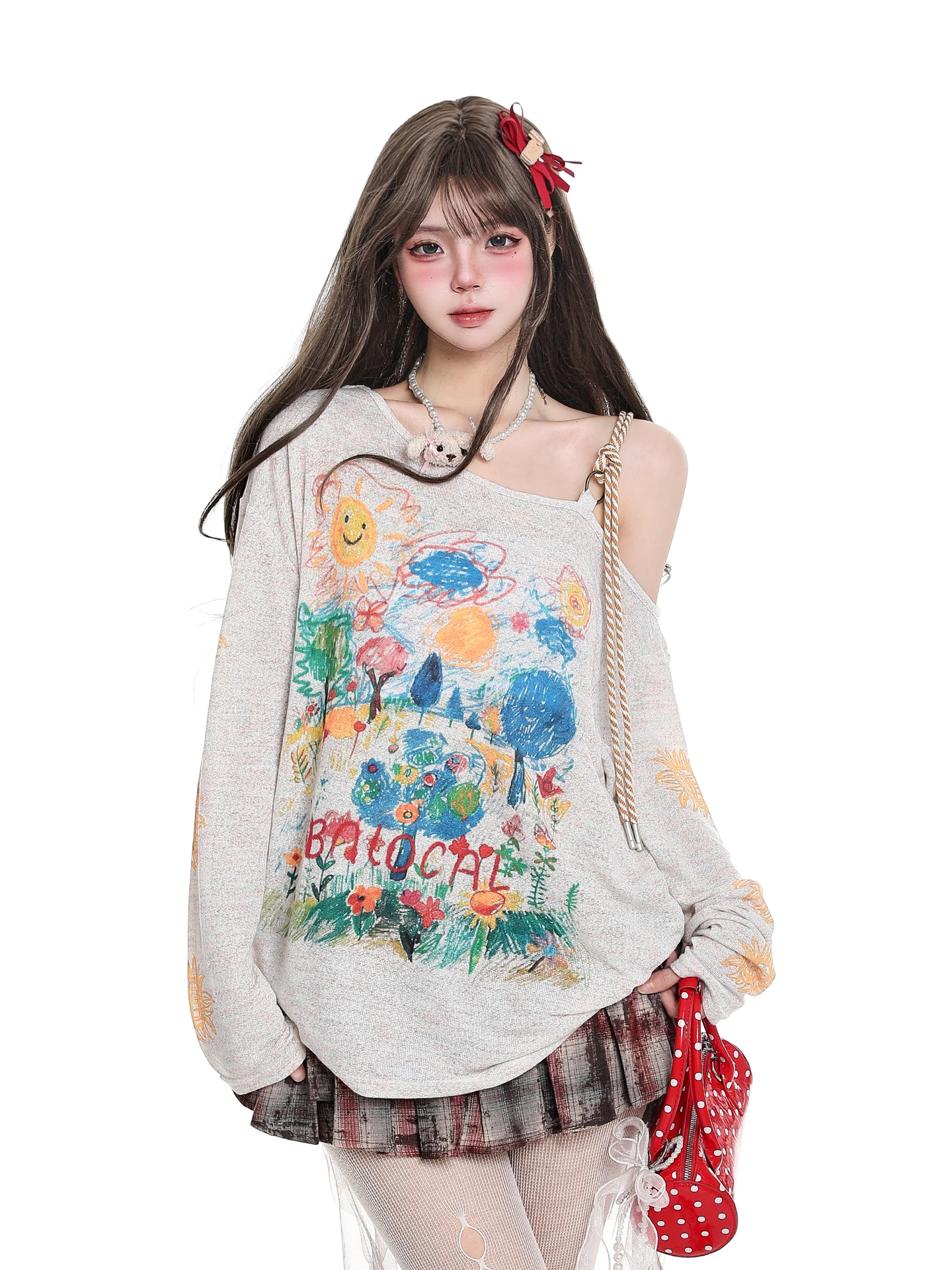 Sweet Graffiti Print Long Sleeve T-Shirt Women's Summer New Design Sensation Sunscreen Shoulder Baring Top Korean Style Loose...