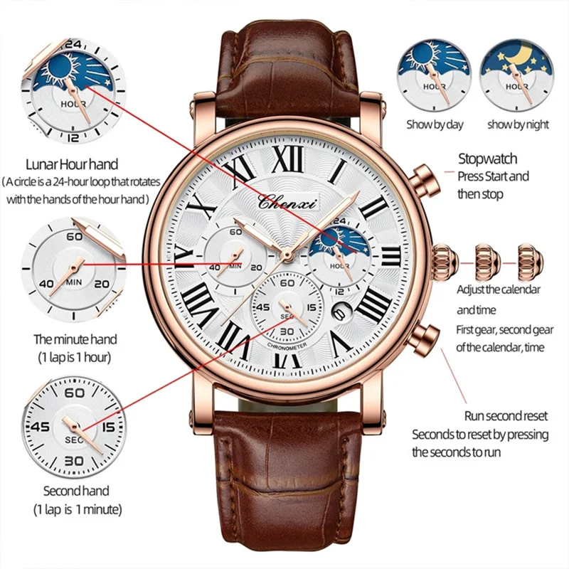 CHENXI-Reloj de pulsera multifunción para hombre, cronógrafo de cuarzo con esfera de cuero, analógico, importado, resistente al agua, con fecha,