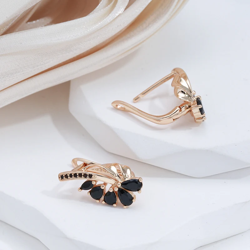 SYOUJYO Black Natural Zircon Flower Shape Earrings For Women Party Fine Jewelry Luxury 585 Rose Gold Color Fruit Drop Earrings