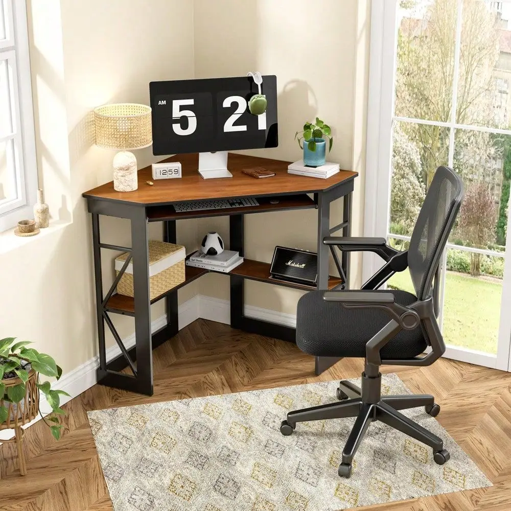 

Corner Desk 90 Degrees Triangle For Computer, Small Space, Bedroom, Makeup Vanity Desk With Storage Shelves, Space Saving Writi