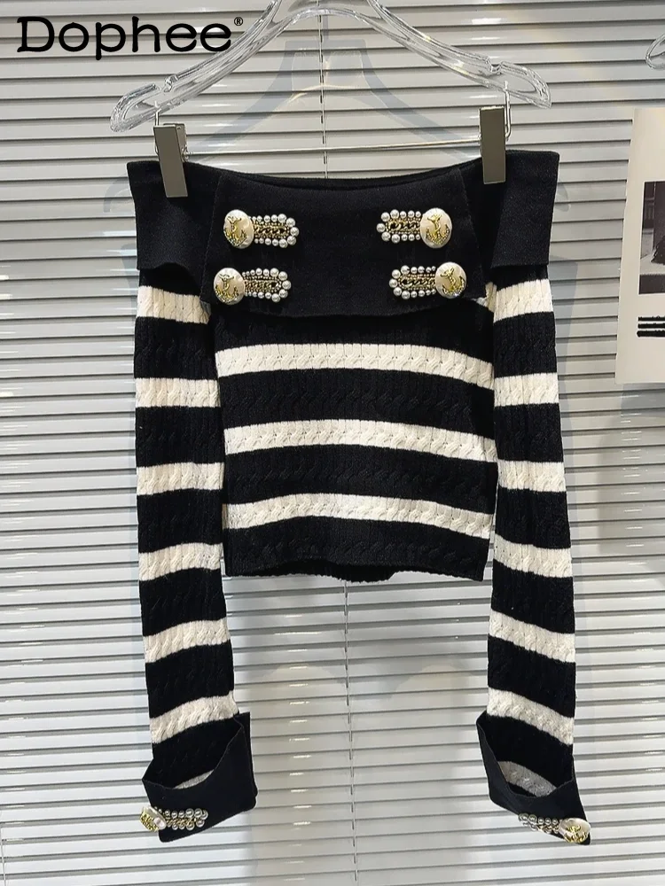 

Sexy Slash Neck Pullover Sweater Women 2024 Autumn New Haute Couture Metal Buckle Beaded Striped Long-sleeved Knitted Sweater