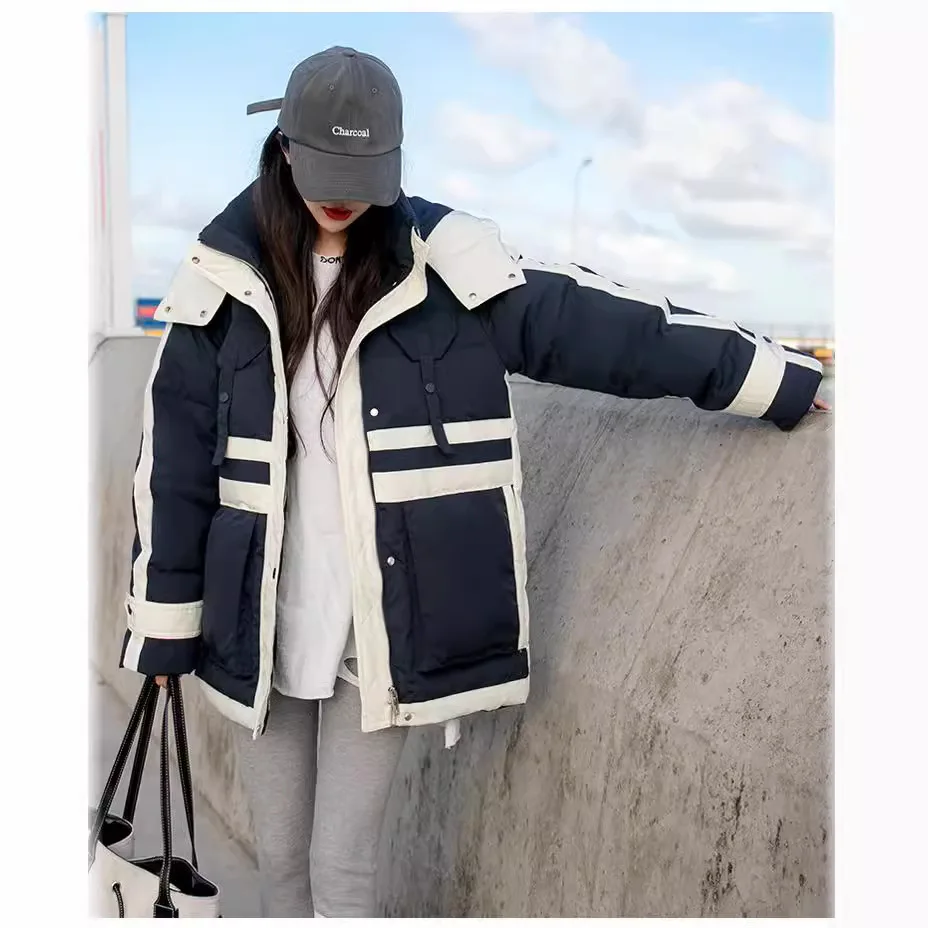 冬のパッチワークダックダウンコート女性韓国スタイルフード付きカーゴポケットダックダウンパファージャケットдвусторонняя куртка JK-207