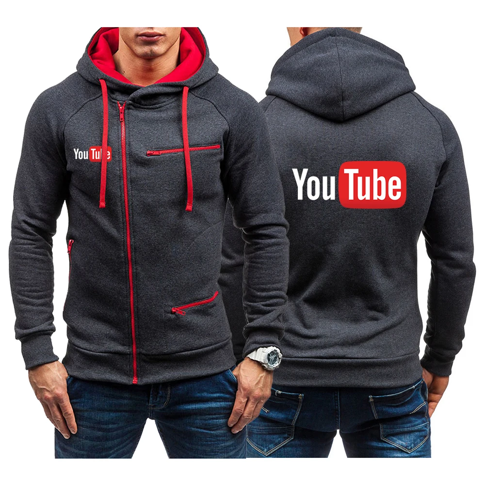 

YouTube 2023 Men's New Print Hoodie Fashion Diagonal Zipper Sweatshirt Personality Solid Tracksuit Casual Clothing Outerwear Top