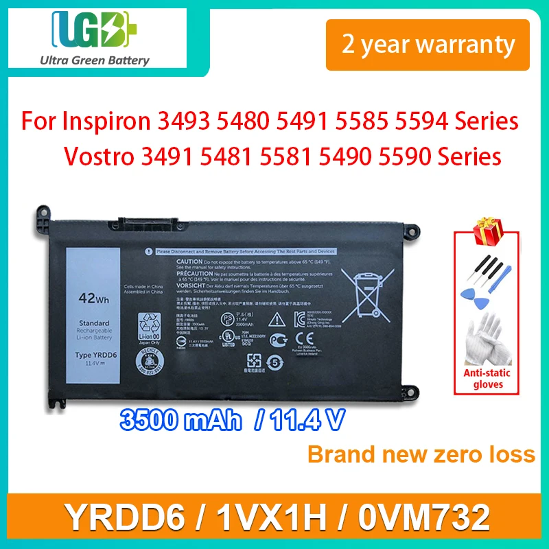 Ugb Nova Bateria Yrdd6 para Dell Inspiron 3582 3593 5480 54915593 Latitude 3310 2-em1 Vostro 3491 5481 5581 5490 5590 0vm732