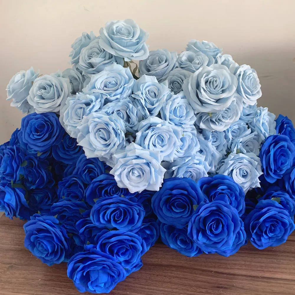 Ramo de rosas artificiales de 9 cabezas, Rosa falsa azul claro, azul real, azul profundo, decoración para sala de estar y boda