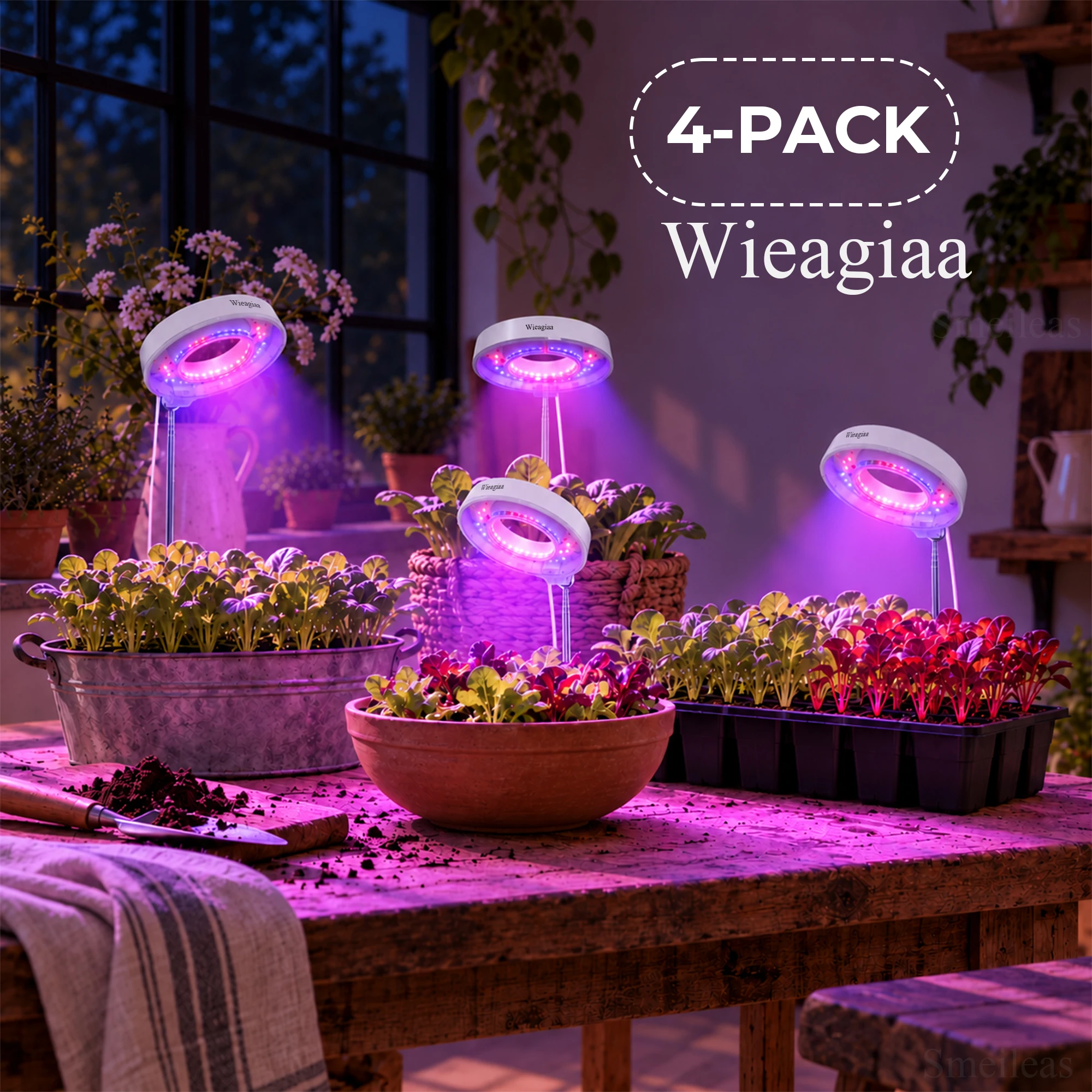 4Pcs Ring Plant Lights, 4in Heads, Soil Insertion Or Adhesive Shelf Mounting, 3/9/12H Timer, 4 Brightness Settings, 3 Modes: Full Spectrum/Red-Blue/Combined, 360° Rotating Head, Telescopic Stand, For Windowsill Plants