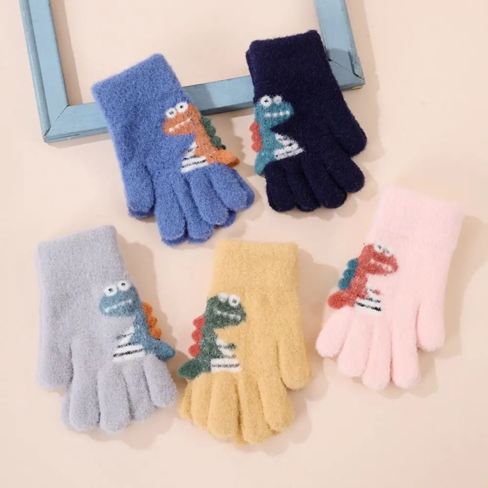 Cute Dinosaur Children Knitted Gloves 4-9 Years Boy Girl Kids Winter Hand Warmer Thicken Woolen Five Finger Gloves Baby Mittens