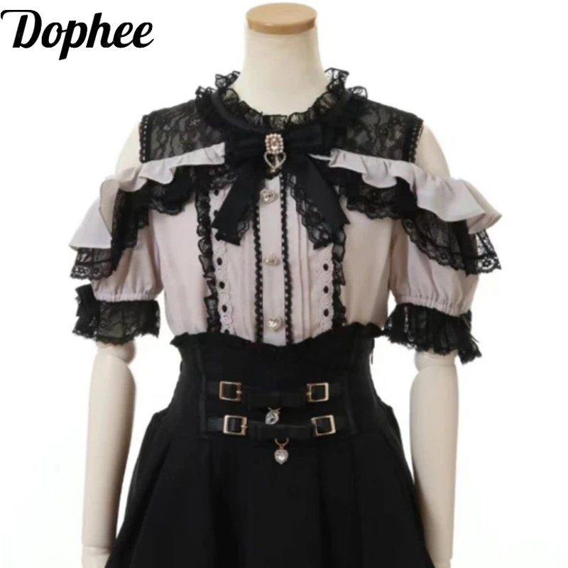 

Dophee Japan Style Puff Short Sleeve Women Blouses Off Shoulder Hollow Out Lace Splicing Ruffles Love Gothic Shirt Lolita Top