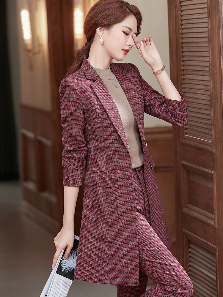 Office Ladies Business Work Wear Formal Pant Suit Women 2 Piece Set Female Long Yellow Gray Red Plaid Blazer And Trousers