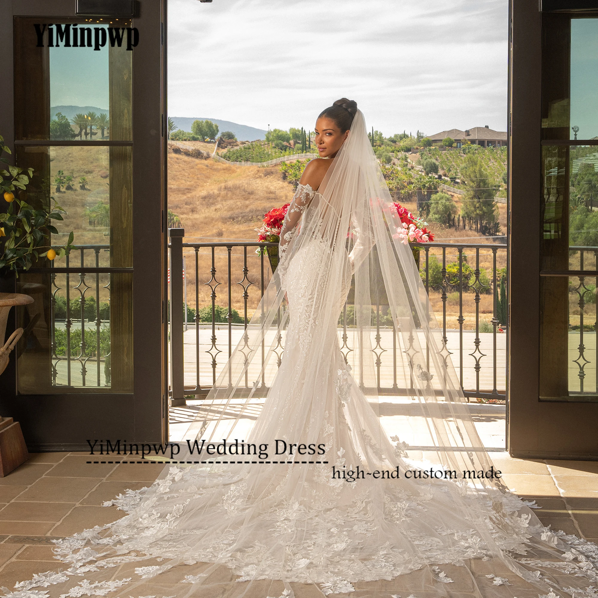 فستان زفاف مثير 2025 مخصص قبالة الكتف كم كامل زين مطرز سويب تراين حورية البحر فستان زفاف بدون ظهر للمرأة