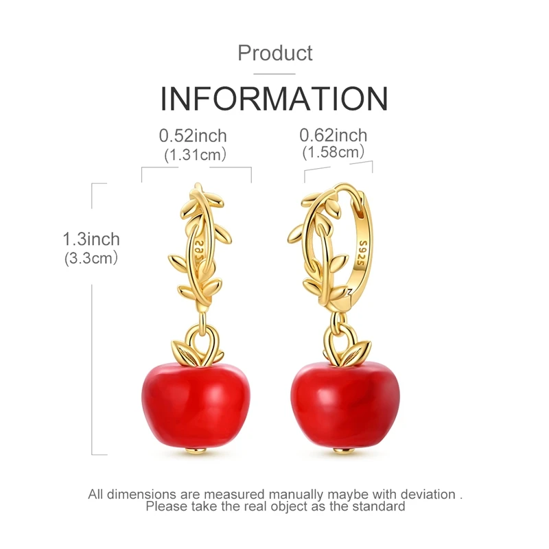 S925 Sterling Silver Red Apple Dangle Huggie Hoop Earrings Fruit Drop Earring Good Luck & Peace Blessing Fashion Jewelry Gift