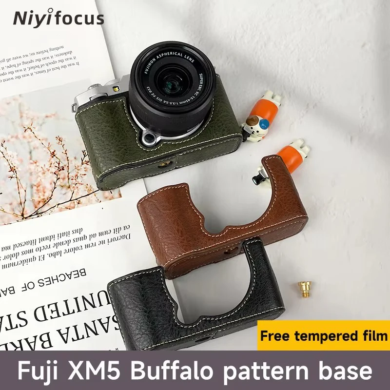 For Fujifilm XM5 Camera Half Case Body Cover Buffalo Pattern Leather Camera Bag Fuji XE5 Camera Accessories with Tempered Film