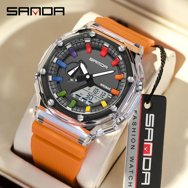 SANDA Top Waterproof Men Quartz Watch Countdown Stopwatch LED Light Electronic Wristwatch 5Alarm Clock 2 Time Digital Watches