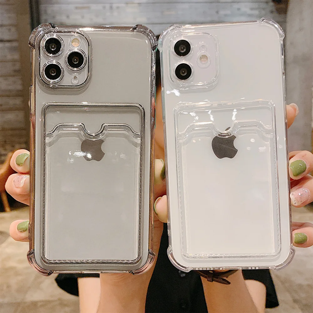 Transparent Card Bag Holder Clear Phone Case For iPhone 11 12 13 14 Pro Max XR X XS SE 2020 7 8 Plus Soft TPU Shockproof Cover