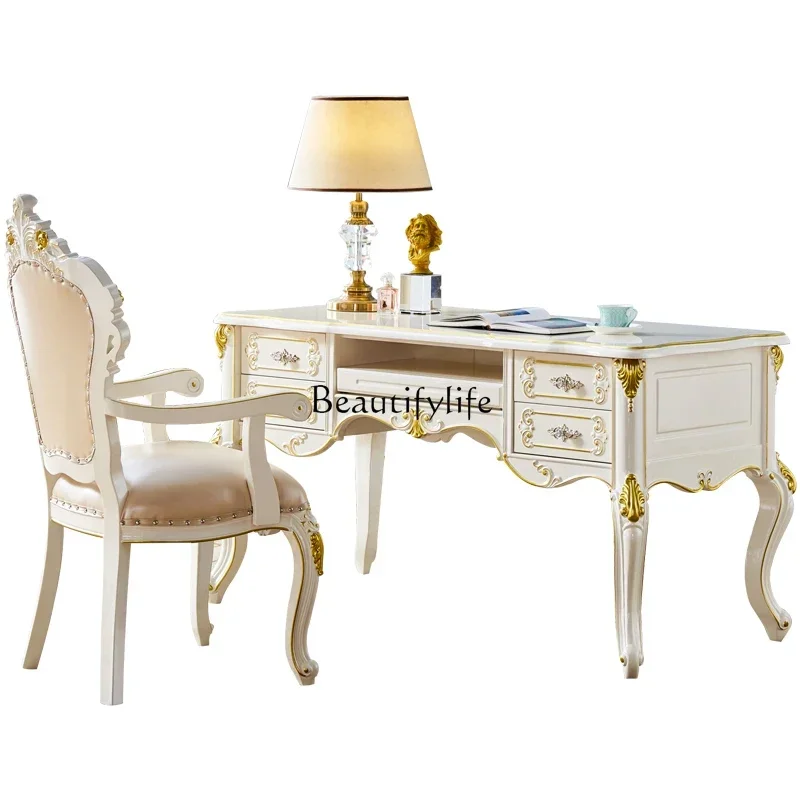 

European-style desk American luxury all-solid wood desk with gold and silver