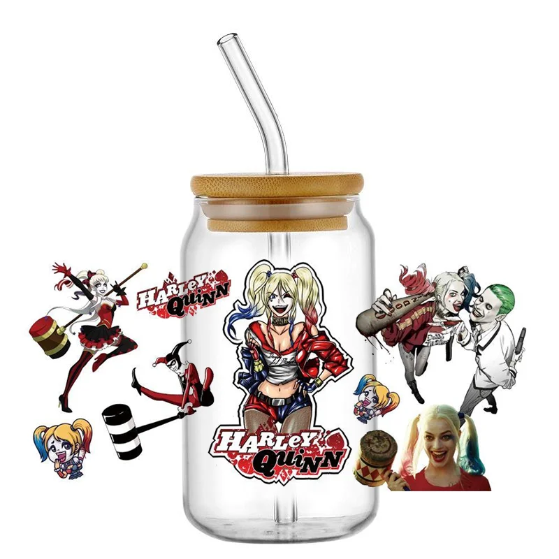 Harley quinn-uv dtfカップラップトランスファーステッカー、ピエロガールカスタムラベル、libbeyガラス缶用のDIY防水ロゴ、16オンス