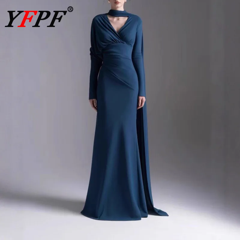 

YFPF вечернее платье женское элегантное шарф с v-образным вырезом в стиле пэчворк плиссированное с высокой талией однотонные модные платья 2026 весенняя новая одежда