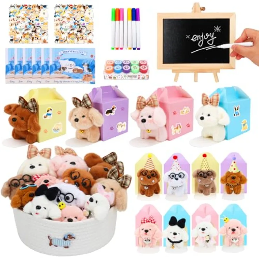 

Adopt a Dog Party Favors Set - 12 PCS Plush Stuffed Puppies with Party hats include Paper House Adoption Cards DIY Collars Hous