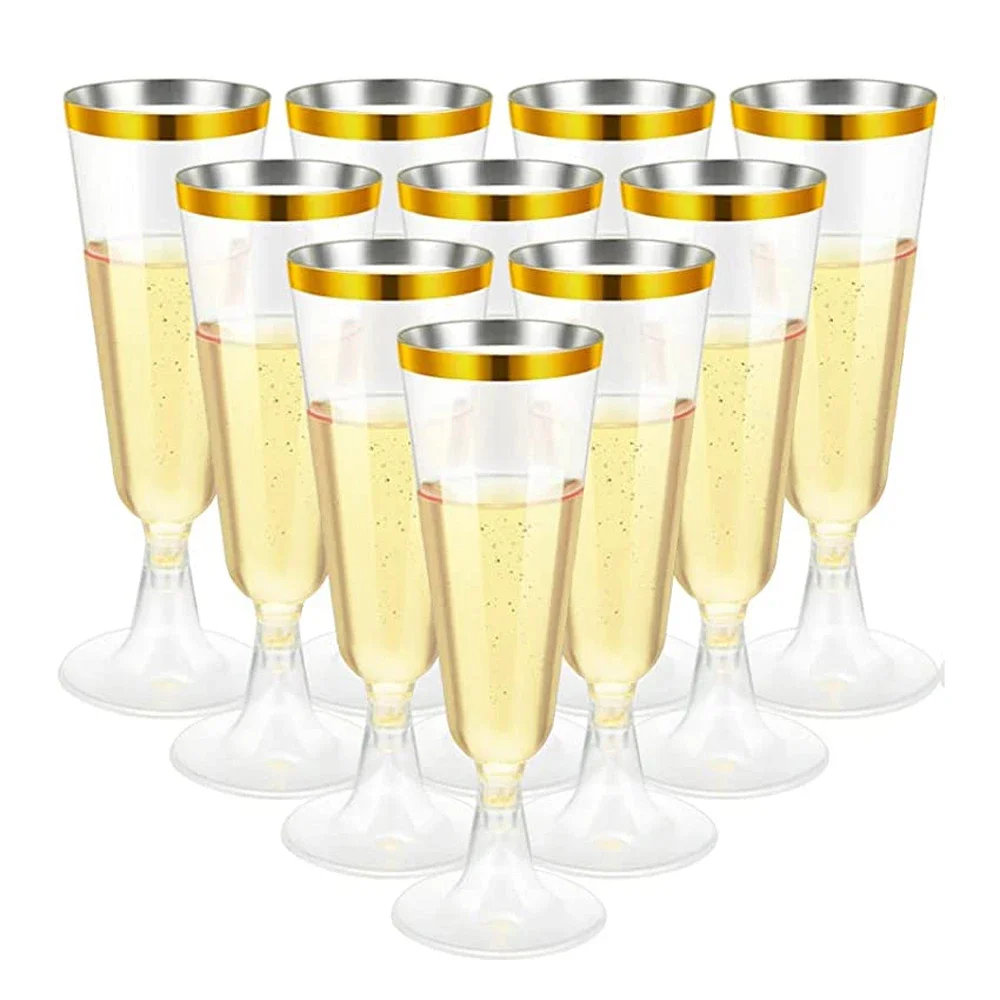 

50pcs Plastic Gold Plastic Champagne Flutes 5.5oz Clear Plastic Wine Glasses With Gold Rim Disposable Party Cups Cocktail Cup