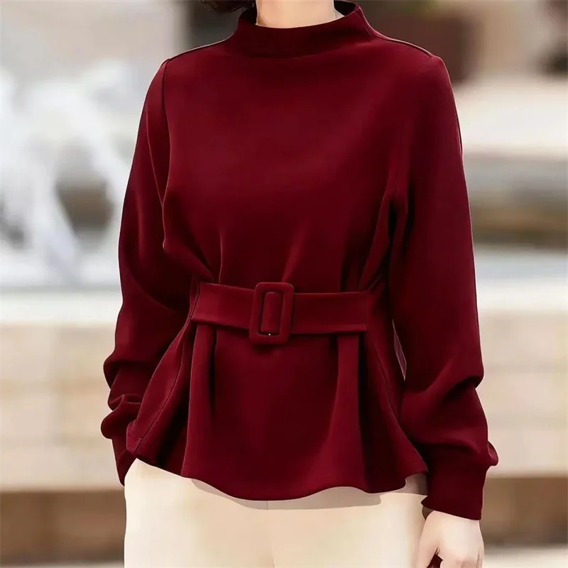 

Korean Women Half High Collar Long Sleeves Blouse New Female Bottom Shirt Warm Ladies Feeling Positive Shirts Femme Base Tops