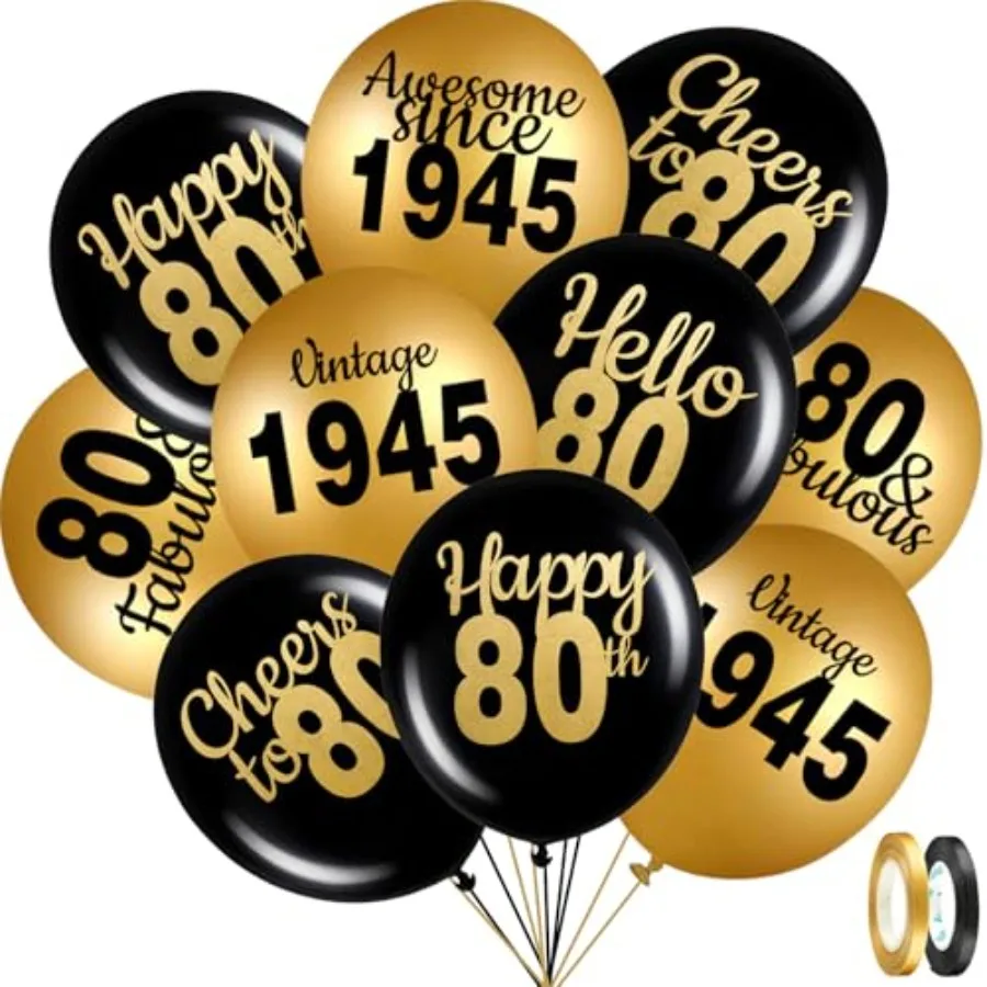 80번째 생일 장식용 풍선, 남녀 공용 블랙 골드 12인치 라텍스 콘페티 풍선 24개, 1945년 파티용