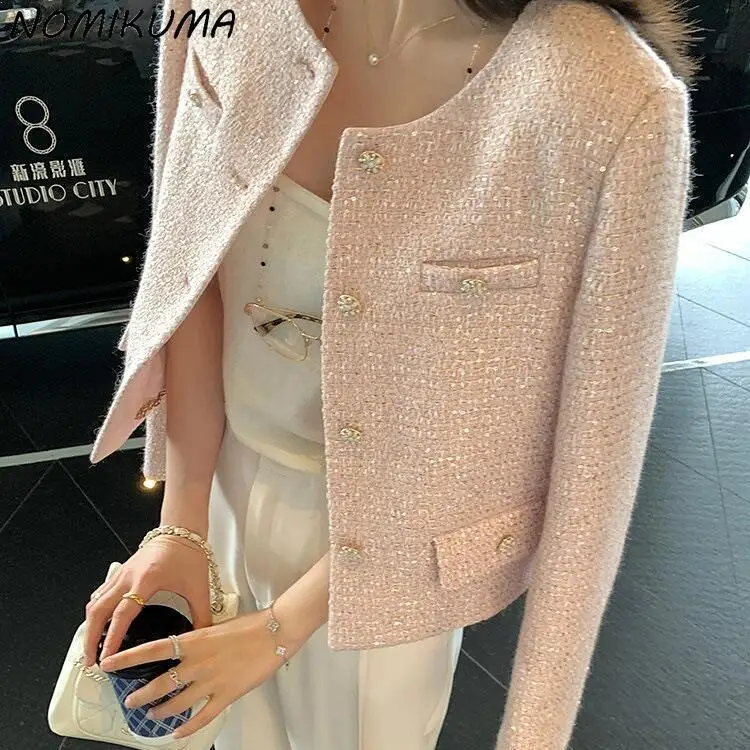 Nomikuma Sequin Elegant Short Jacket Fashion Tweed Short Jacket Causal Pink Round Neck Top for Women Cardigan Outwear 2023 New