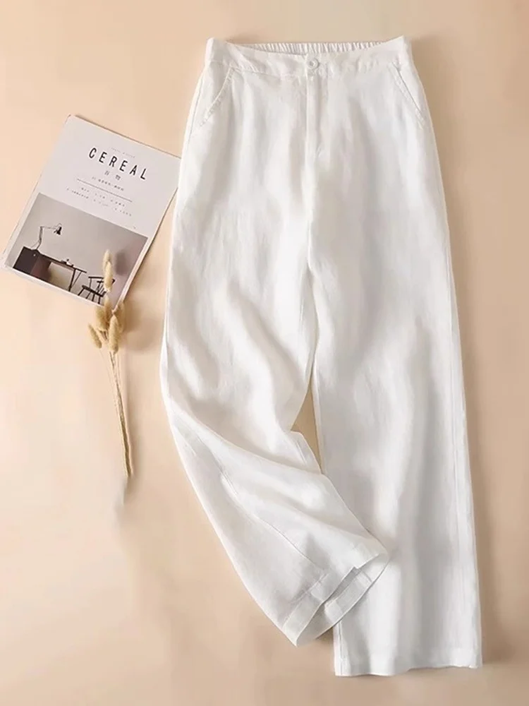 

Женские широкие брюки из хлопка и льна с высокой талией, свободного кроя, укороченные (7/8), повседневные, для офиса, в стиле Outlet
