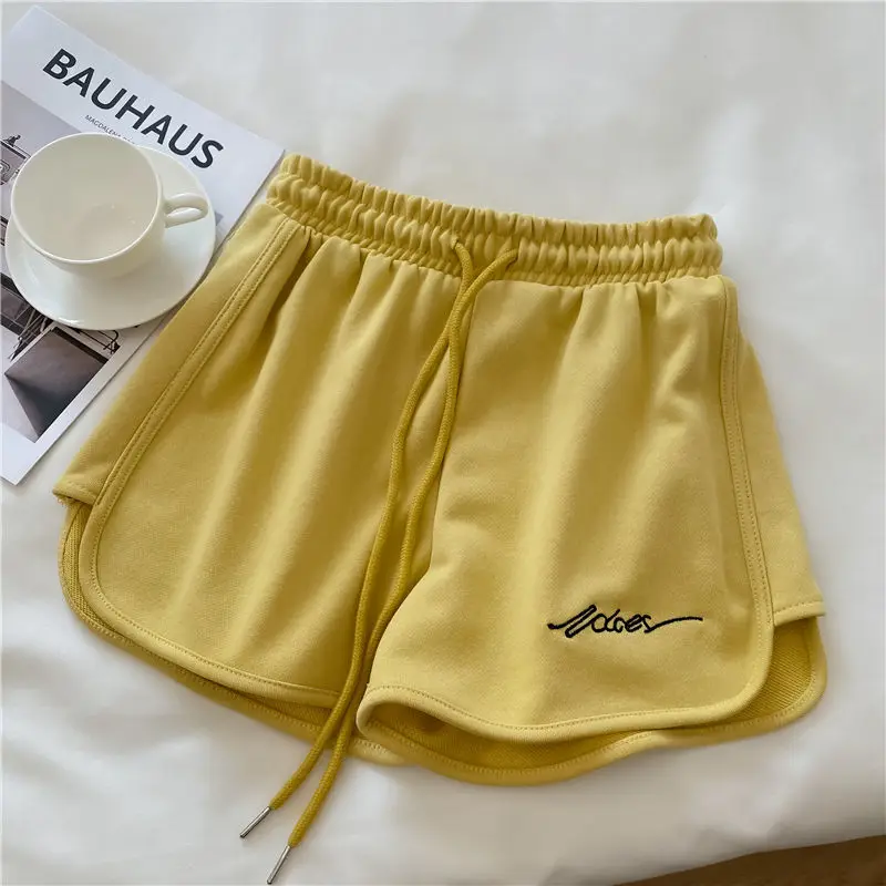 

Women Shorts Solid Color Wide Leg Pants Loose Elastic High Waist Summer New Embroidery Letters Drawstrings Short Tight Trousers