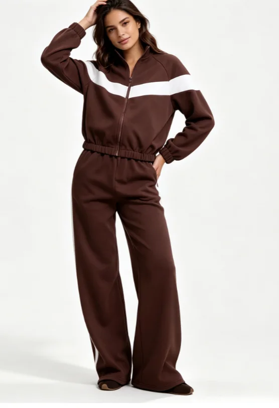 Lady Color Block Striped Sports 2 Piece Set Casual Stand Collar Zip Up Short Coat Elastic Waist Wide Leg Long Pants Daily Suit