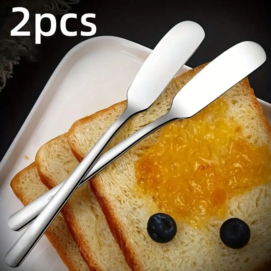 2 cuchillos para mantequilla de acero inoxidable con cabeza redonda - Diseño de borde redondeado para untar de forma segura, mermelada, queso y sándwiches de postre - Utensilios de cocina duraderos y portátiles para uso doméstico y al aire libre, apariencia elegante