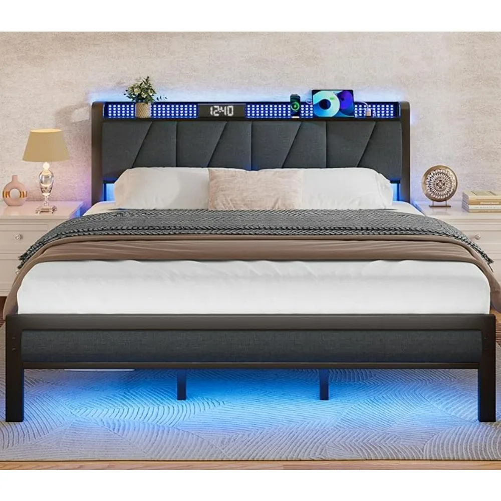 King Bed Frame with Headboard and LED Light, Upholstered Platform with Power Outlet and USB Port, King Size Bed