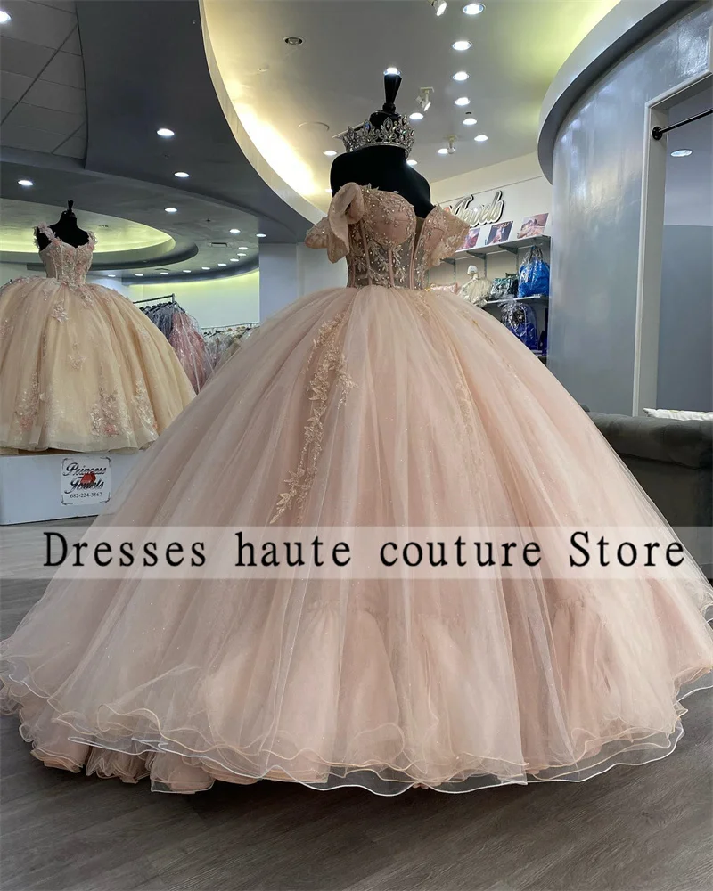 Pink Tulle Sweetheart Quinceanera Dresses Ball Gown 2025 Off Shoulder Appliques Sweet 16 Dress Customized Vestidos De 15 Anos