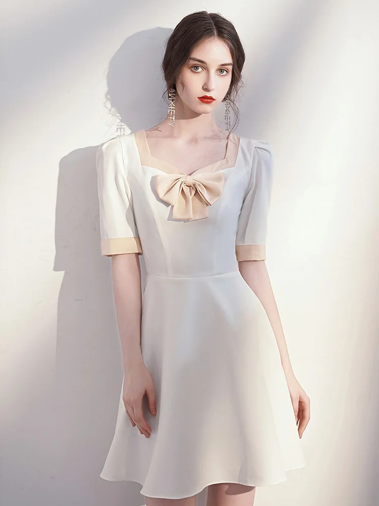 

Elegant Party Birthday Dresses Temperament Dress White Women's Summer A-Line Bow Casual Dress Simple Evening Gown Customized