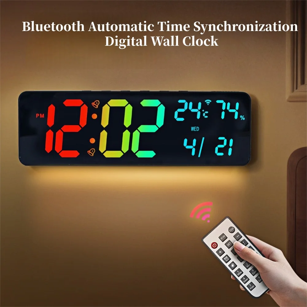 14 Inch Large RGB Digital Wall Clock TEMP Humidity Date Week Count-up/Countdown 12/24H Bluetooth Time Synchronization LED Clock