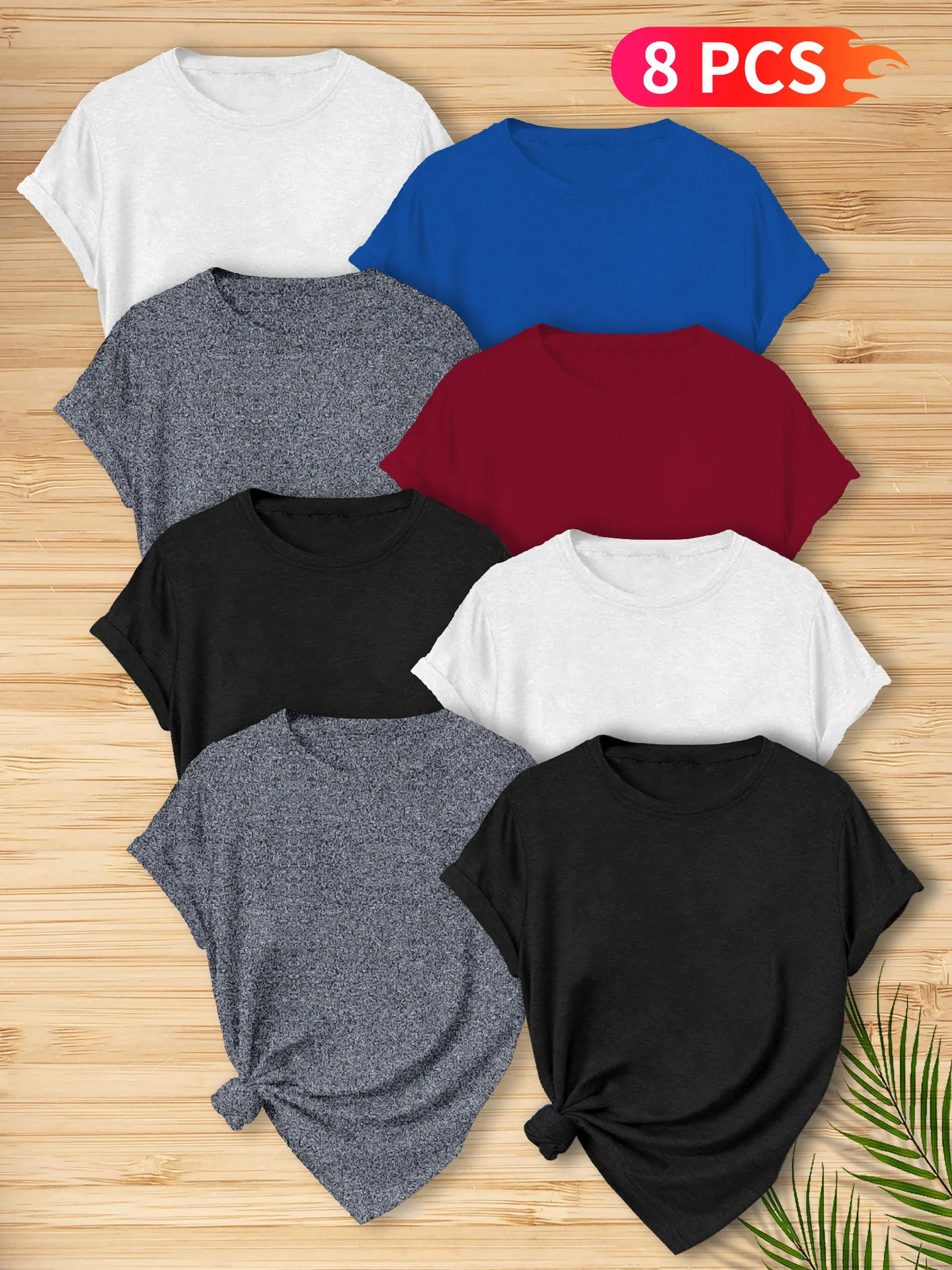 8 Uds. Camiseta informal de Color sólido para mujer, camiseta estampada de poliéster de manga corta con cuello redondo y ajuste cómodo, estilo coreano