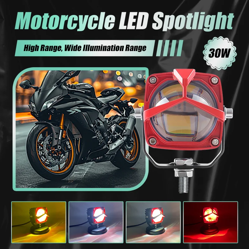 

30W Led Motorcycle Headlights Super Bright Spotlights High Low Beams White Yellow Red Spotlights Scooter Driving 12V-80V