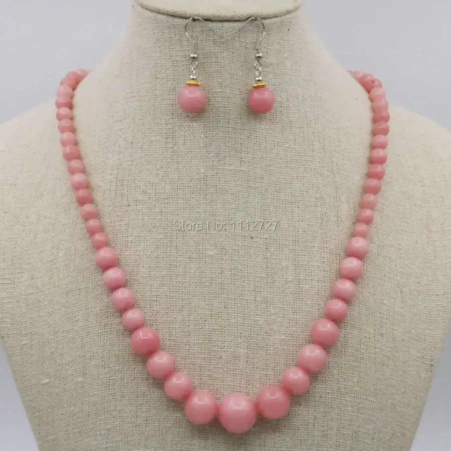 6-14mm Accessory Crafts Pink Lucky Stone Necklace Chain Earring Sets Round Beads Jewelry Party Wedding Gifts 18inch Part Fitting