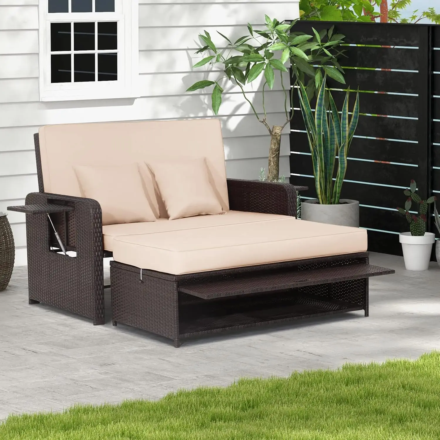 Patio Rattan Daybed, Patiojoy Wicker Loveseat Sofa w/Multipurpose Ottoman & Retractable Side Tray, 4-Level Adjustable Backrest,