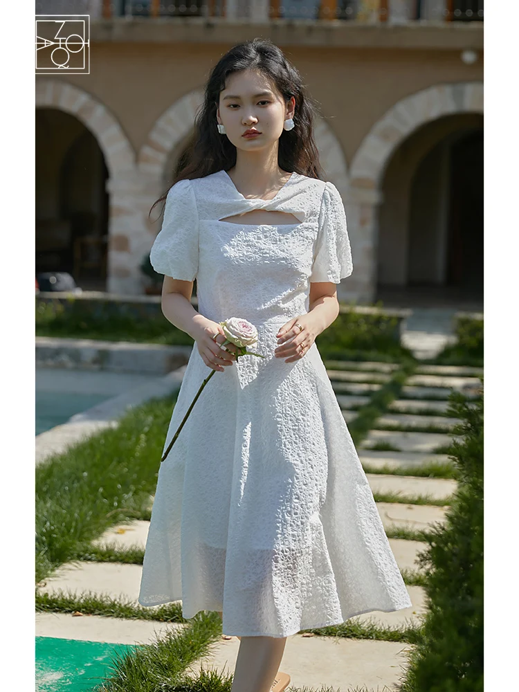 

ZIQIAO New Summer 2022Niche Chic Women's Dress High Waist High-end Sweet Floral French Puff Sleeve Ladylike Midi Skirt Female