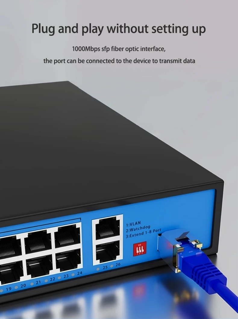 16ports Plug-and-Play PoE Switch with Long-Distance Transmission  PoE Watchdog VLAN Support 4KV IEEE 802.3X Full-duplex