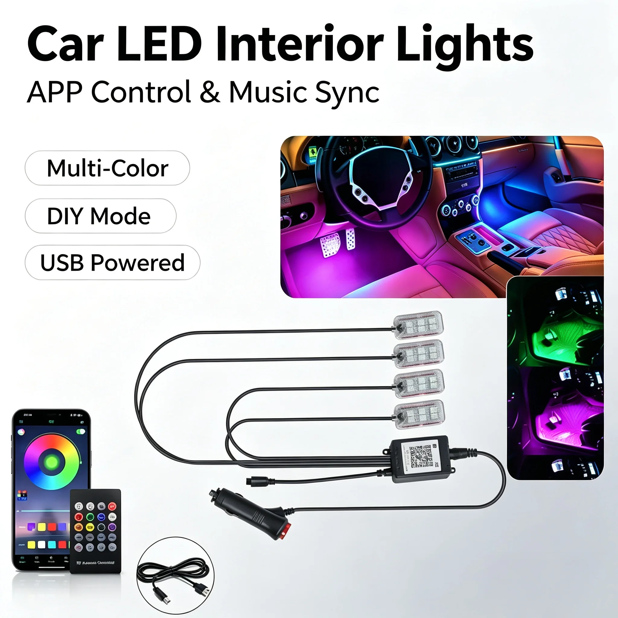 appリモコン式rgb車内フットライト、車内用ledアンビエント雰囲気装飾ランプ