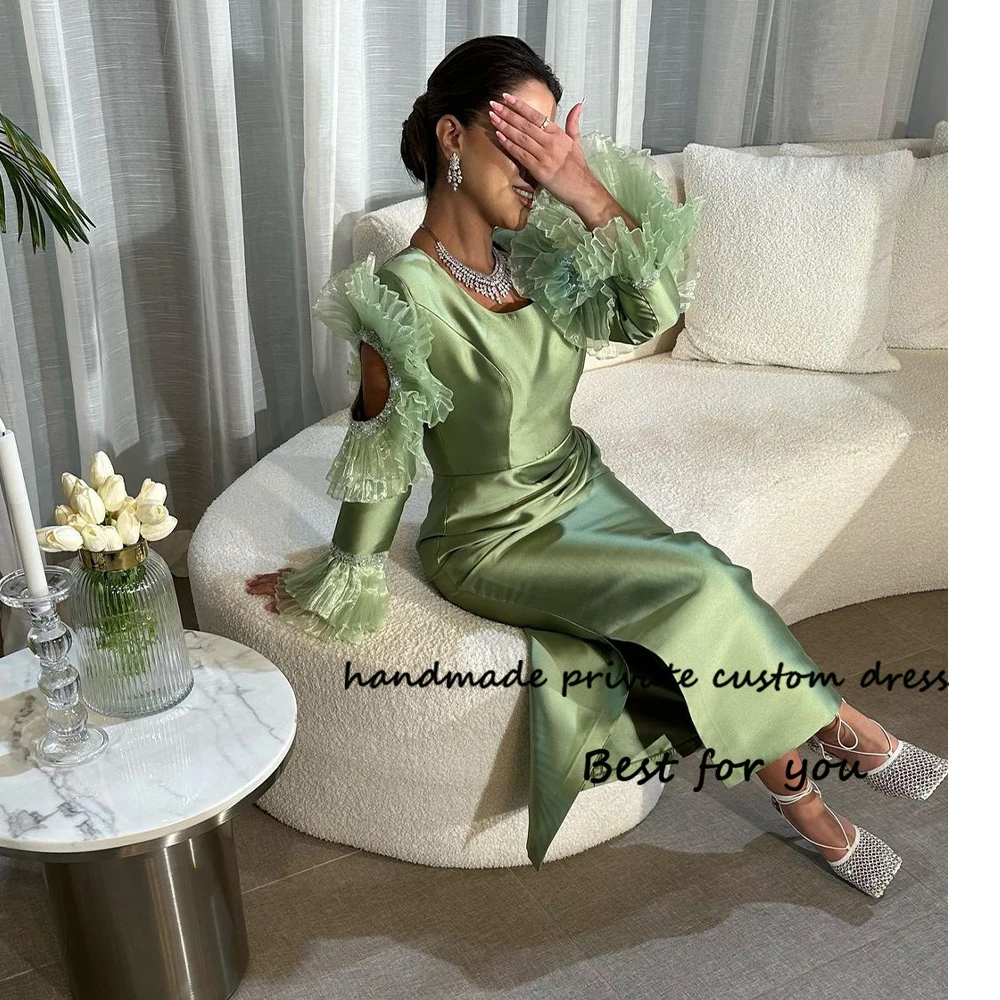 

Green Satin Mermaid Evening Dresses for Women Pleats Organza Long Sleeve Square Neck Prom Dress Arabian Dubai Formal Party Gowns