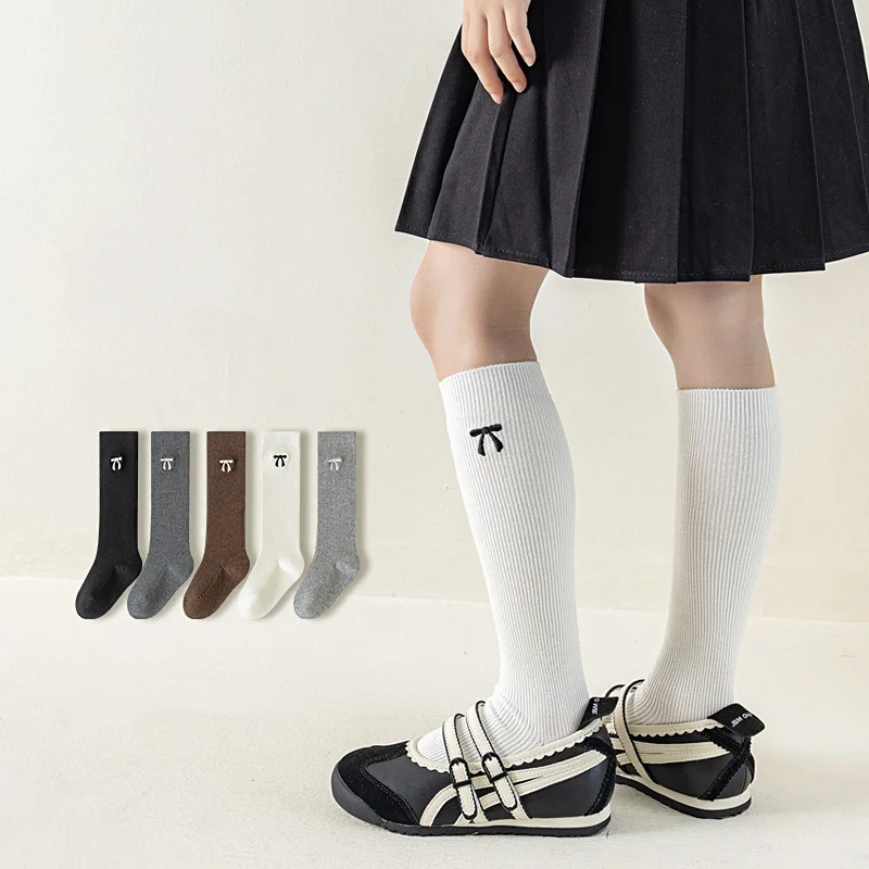 Children Girls' Calf Socks Autumn Winter Sweet Bow Knee High Socks For 3-12Y Kids Soft Ribbed Knit Cotton Long Tube Stockings