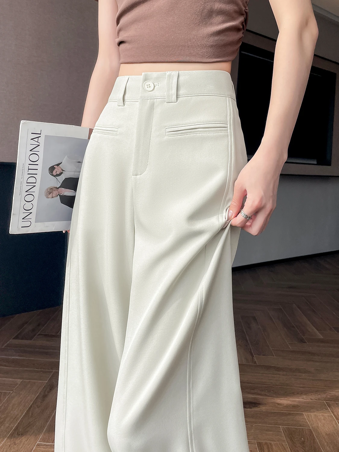 

Молочно-белые женские брюки-костюмные, весна-лето 2026, новые, высококачественные, струящиеся, прямые, свободные, в пол, с широкими штанинами