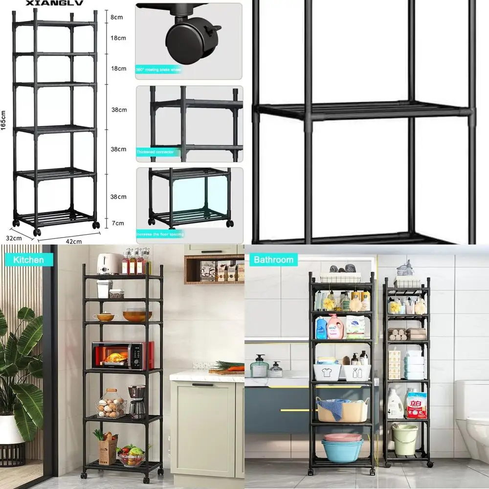 

42x32 6-уровневый высокий черный стеллаж с колесиками и противоскользящими ножками, регулируемый