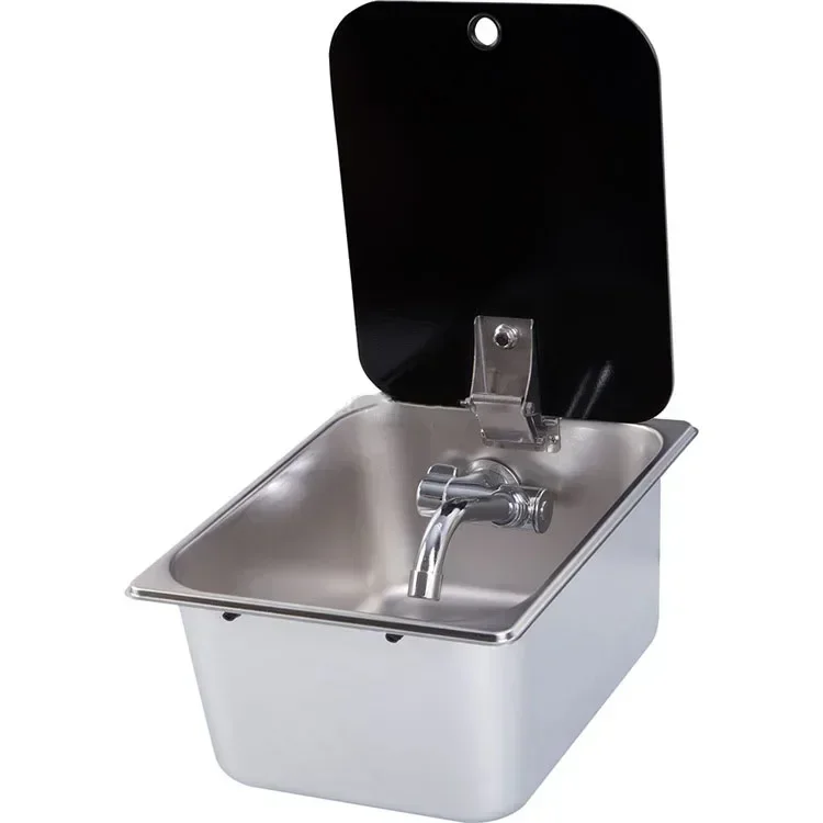 Stainless steel sink with safety glass cover, RV RV camping boat collapsible faucet waste water filter 350x320x150mm