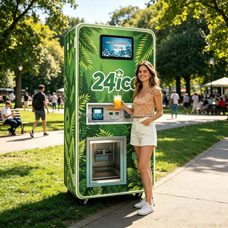 Customized New Design Food Grade  Self-service Ice Making Reverse Osmosis with Packaging  Ice Vending Machine Outdoors