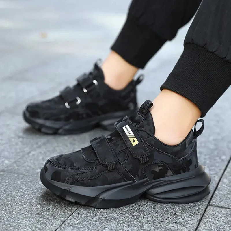 소년 캐주얼 신발 블랙 가죽 플랫 학생 운동화 어린이 운동화 미끄럼 방지 소녀 경량 스포츠 테니스 신발