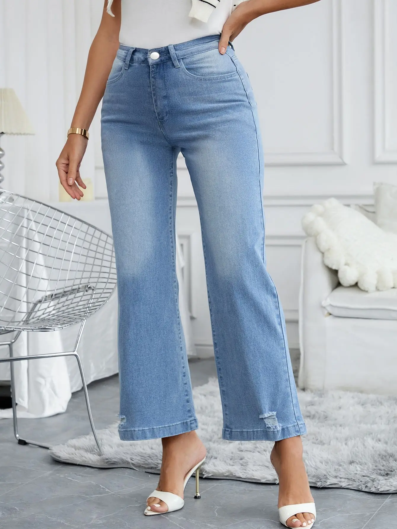 Calça jeans solta elástica de perna larga feminina, hidratação de gordura, comprimento de pernas, mistura de algodão orgânico, envio global